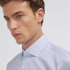 HAST Chemise en popeline double retors à fines rayures es> Classique | Chemises Bleues