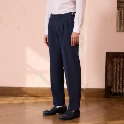 HAST Pantalon à double plis en coton et lin marine><noscript><img width=