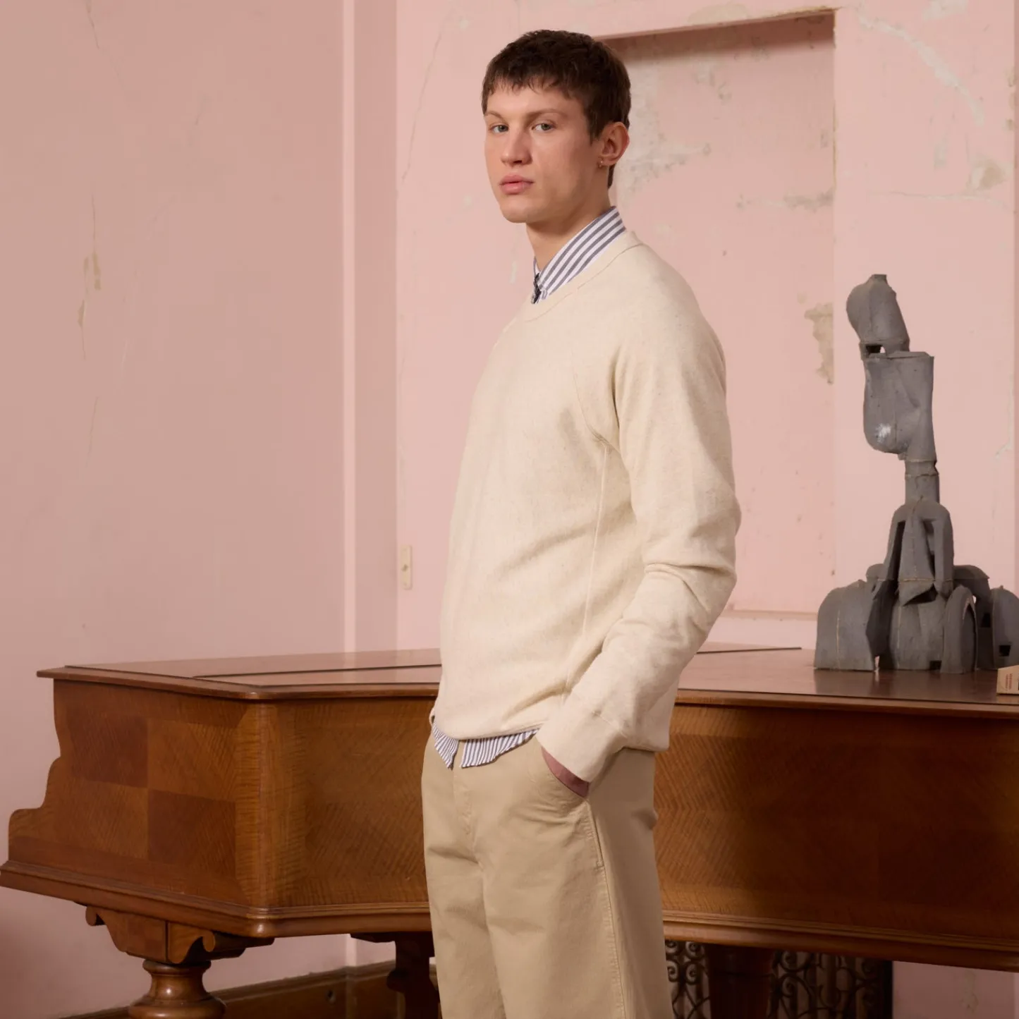 HAST Sweatshirt en coton biologique et lin écru chiné> Maille