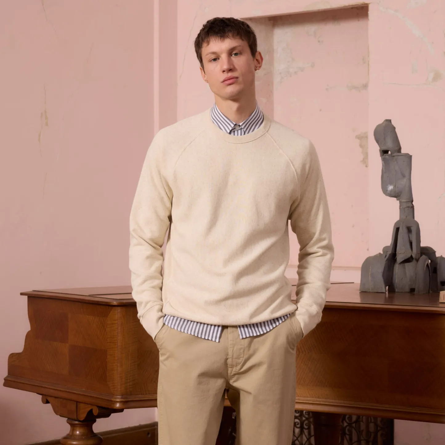 HAST Sweatshirt en coton biologique et lin écru chiné> Maille