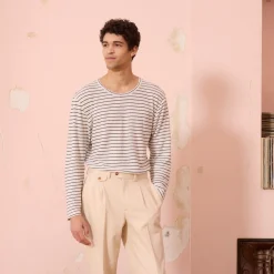 HAST T-shirt à manches longues en coton et lin écru à rayures marine> T-Shirts Et Polos