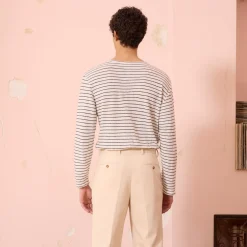HAST T-shirt à manches longues en coton et lin écru à rayures marine><noscript><img width=
