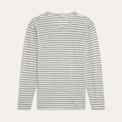 HAST T-shirt à manches longues en coton et lin écru à rayures marine><noscript><img width=