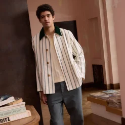 HAST Veste de travail en coton écrue à rayures vertes><noscript><img width=